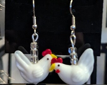 Glass Chicken Earrings: Silver Fishhook Dangle Earrings