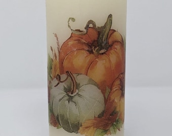 Fall Harvest Pumpkin, Decoupage Pillar Candle: 3x6 Ivory Unscented