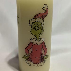 Grinch Decoupage Pillar Candle: Seasonal Fun, 3x6 Ivory