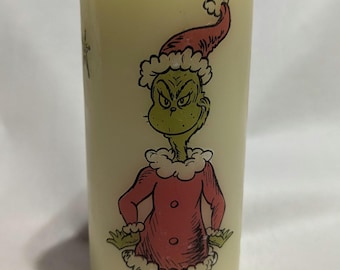 Grinch Decoupage Pillar Candle: Seasonal Fun, 3x6 Ivory