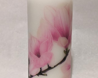 Handmade Pink Magnolia Blossom Candle: Decoupage Pillar Candle