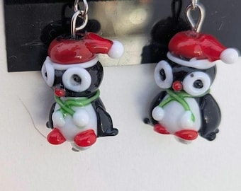 Penguins, realistic glass bead Earrings, with dangling Fishhook style  fasteners.