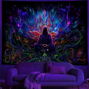 Psychedelic Black light Tapestry UV Reactive Tapestry Glow in the Dark Halloween Wall Hanging Tapestries for Bedroom Dorm Room Home Decor