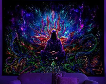 Psychedelic Black light Tapestry UV Reactive Tapestry Glow in the Dark Halloween Wall Hanging Tapestries for Bedroom Dorm Room Home Decor