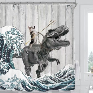 Meme Cartoon Animal shower curtain Funny Dinosaur Shower Curtain Cat Riding A Dinosaur Waterproof Fabric Bathroom Home Hotel Shower Curtain