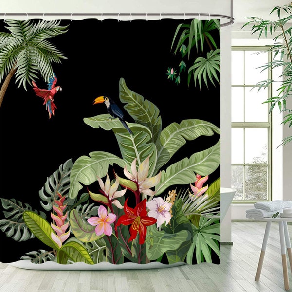 Rideau de douche feuilles tropicales animaux de la jungle dessin animé rideau de douche perroquet palmiers plantes tissu imperméable décoration de salle de bain rideau de douche