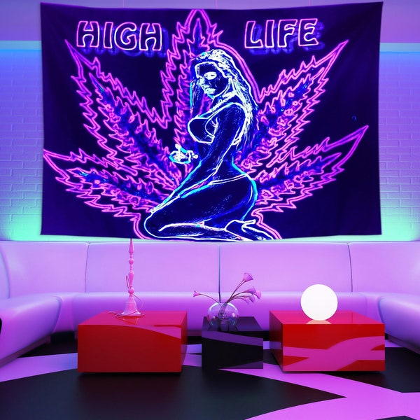 Psychedelische High Life Blacklight Tapestry UV Reactive Weed Leaf Tapestry Fluorescerende Muur Opknoping Tapestry voor slaapkamer Slaapzaal Home Decor