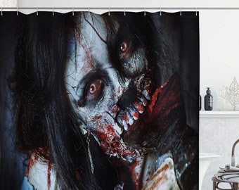 Scary Dead Woman with A Bloody Tool Shower Curtain Halloween Zombie Evil Fantasy Waterproof Fabric Home Hotel Decor Bathroom Shower Curtain