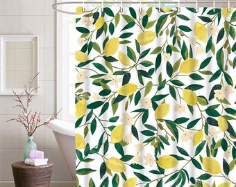 Rideau de douche citron pêche orange feuilles vertes décoration de baignoire tissu imperméable salle de bain art maison rideau de douche fruits d'été rideau de douche