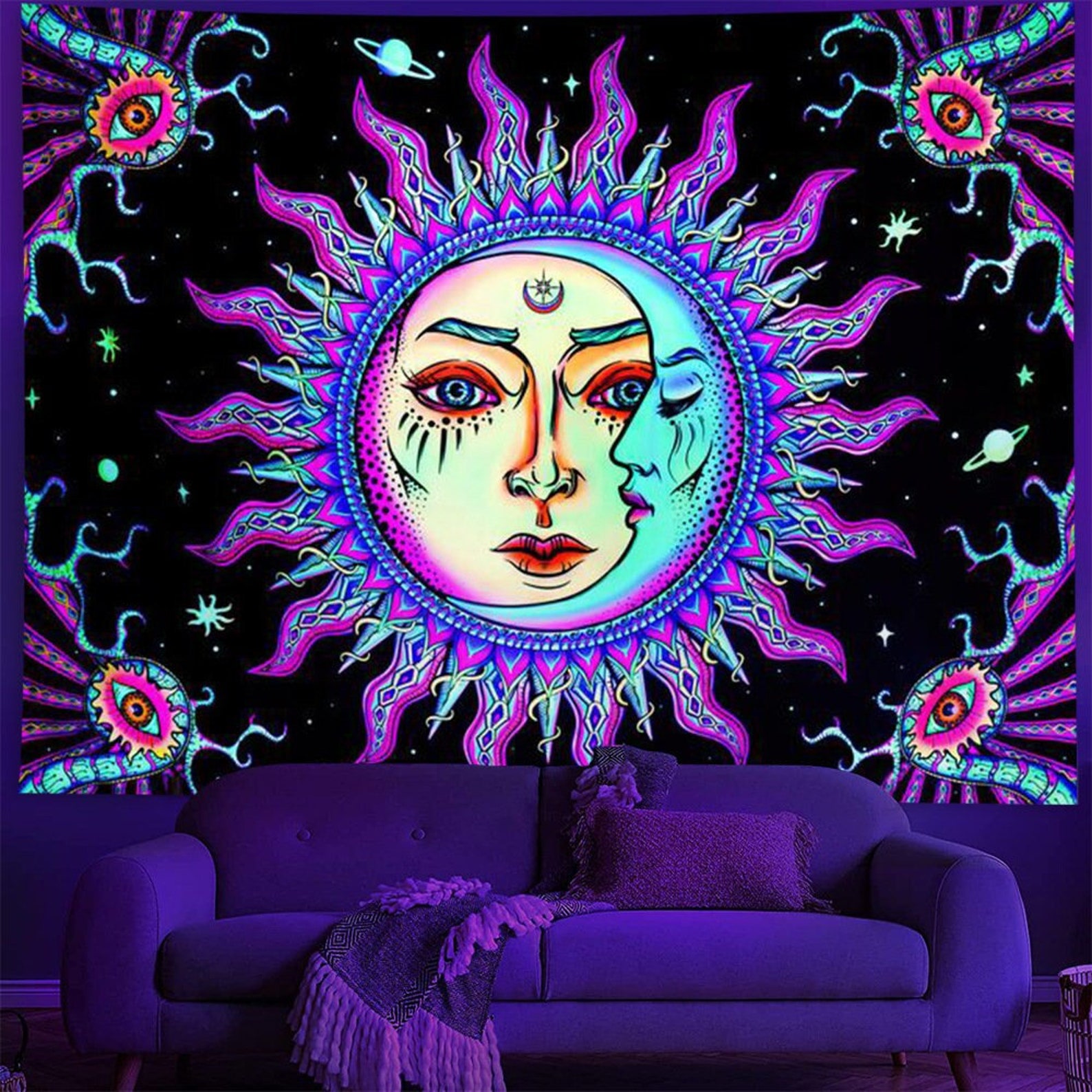 Sun&moon Blacklight Tapestry UV Reactive Psychedelic Tapestry Etsy
