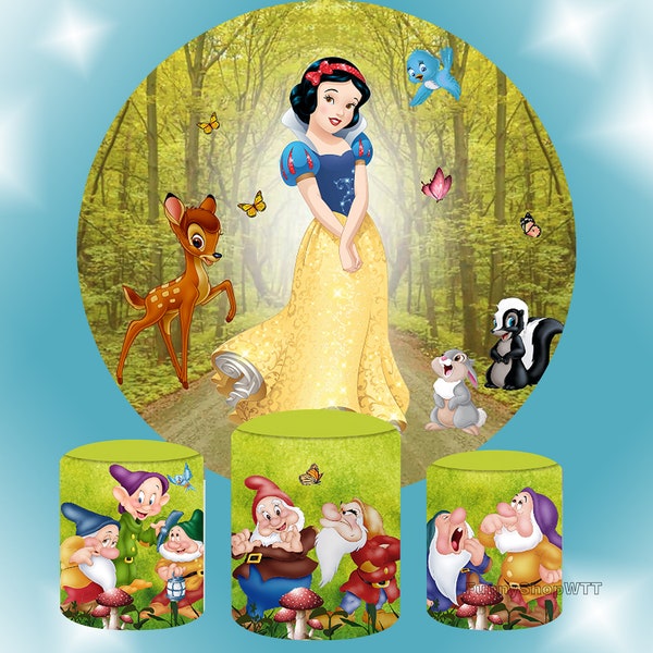 Cartoon Round Backdrop Girls Birthday Party Baby shower decor Circle Photography Background Snow White Princess 3Pcs*Cylinder Cover backdrop