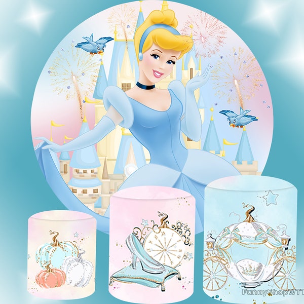 Disney Castle Round Backdrop Cinderella Dress Princess 3Pcs*Cylinder Cover backdrop Girl Birthday Party Decor Circle Photography Background