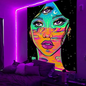 Funny Women Black light Tapestry Hippie UV Reactive colorful Fluorescent Tapestry Wall Hanging Tapestries for Bedroom Dorm Room Home Decor