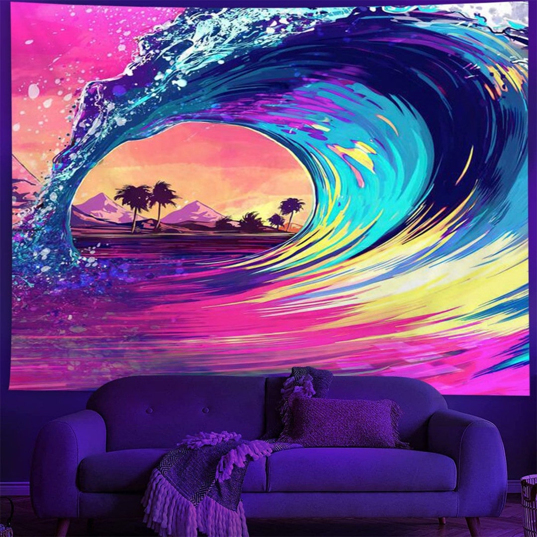 Space Beach Black Light Tapestry UV Reactive Fluorescent Mountains