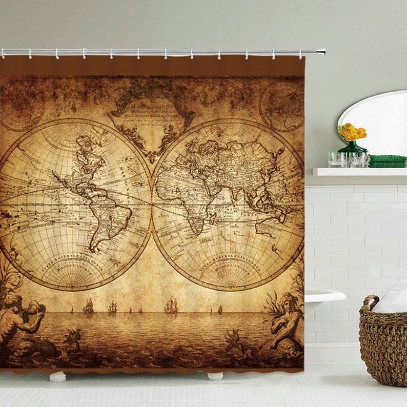 Vintage World Map Shower Curtain Map Shower Curtain World Map Etsy