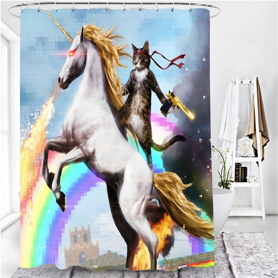 Cat Riding A Unicorn Shower Curtain Meme Cartoon Animal Shower