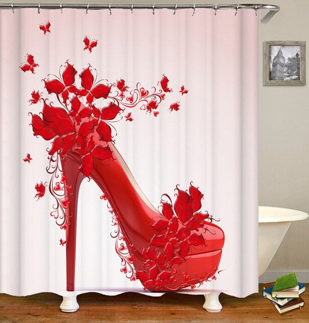 Red High Heels Shower Curtain Red Flowers Waterproof Fabric Bathroom ...