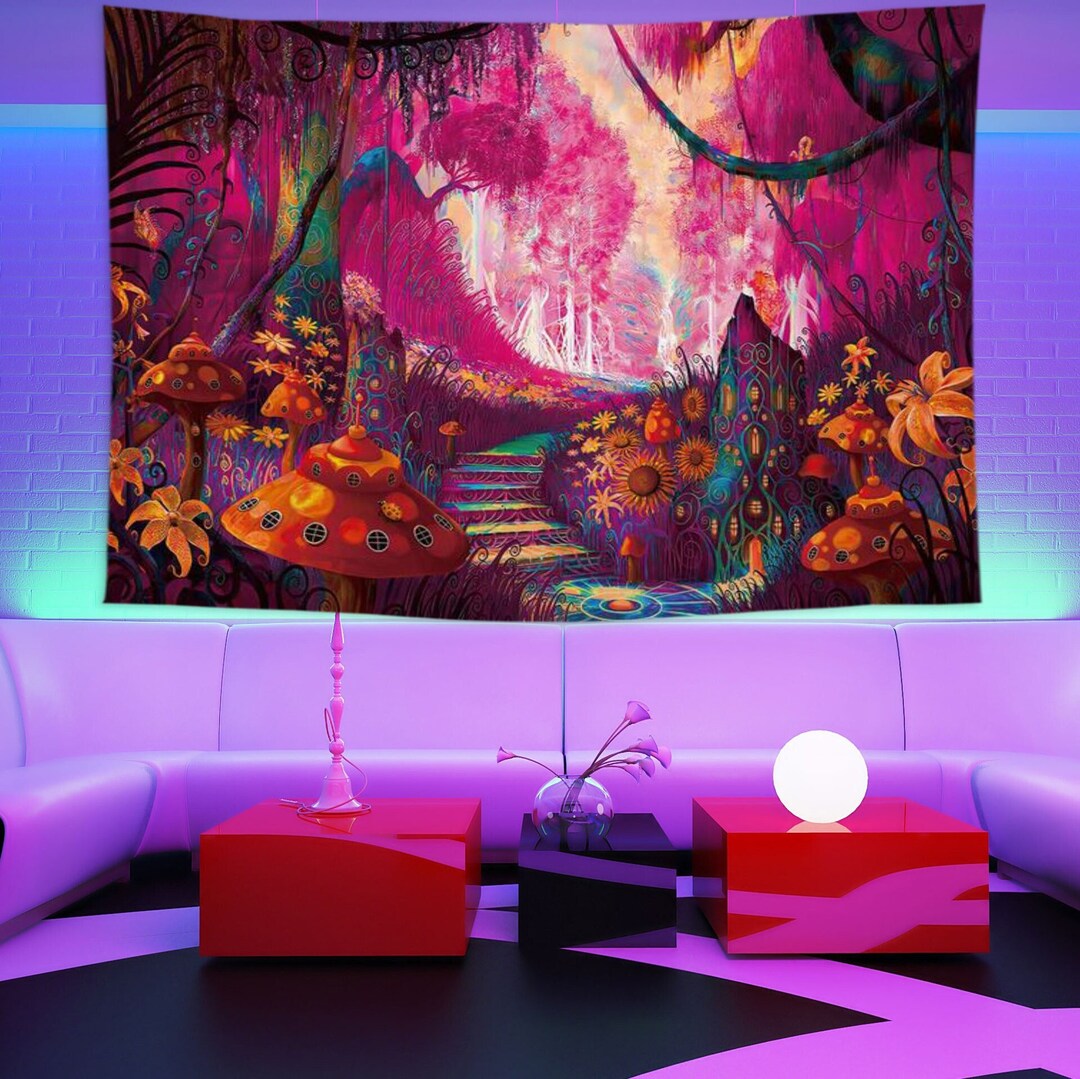 Mushroom Black Light Tapestry UV Reactive Tapestry Fluorescent Etsy