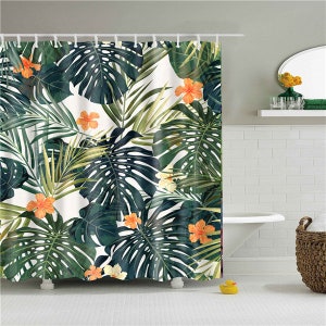 Custom Green Tropical Leaf Shower Curtain Summer Tropical Leaves Waterproof Fabric  Bathroom Shower Curtain Hibiscus Flowers shower curtain