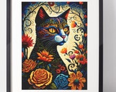 Cat Day of the Dead Dia de los Muertos Gato Flowers, Colorful Digital Wall Art Instant Download Printable Posters, Sublimation, PNG, Clipart