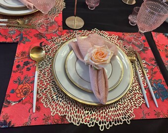 Designer bloemen warmroze placemat op canvas materiaal bloemenprint decoratieve placemats kleurrijke boho wilde bloem