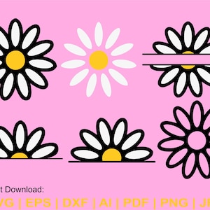 May include: A set of five black and white daisy flower SVG cut files. The daisies are in different orientations and sizes. The daisies have a yellow centre and white petals. The daisies are on a pink background.
