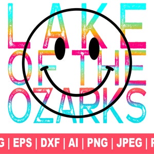 May include: A colorful graphic design with the text "LAKE OF THE OZARKS" in a rainbow color scheme. A smiling face is in the center of the design.