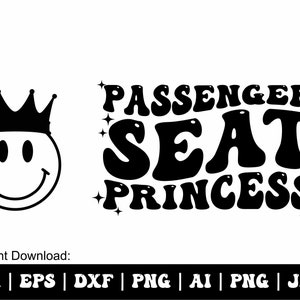 Assento do passageiro Princesa Svg, Texto retrô ondulado, Citação de férias Svg, Coroa Smily Face Svg, Viagem Svg, Emjio svg, Camiseta, Arquivos de corte Svg Cricut