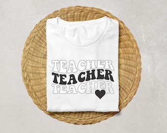 Teacher Svg, Retro Wavy Text Svg, Heart Svg, Teacher Life Svg, Teacher Gift, Teacher Shirt, Clipart, Teacher Png Cut Files Cricut,Silhouette