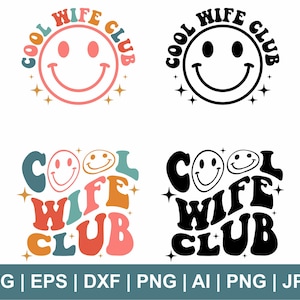 Cool Wife Club Svg, svg retro ondulado, Svg de esposa, Svg de pareja, Svg de niña, Svg ondulado, Svg de camisa de esposa, Clipart, Archivos de corte Svg Cricut Silhouette