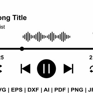 May include: Black and white music player interface design. The interface includes a song title, artist, waveform, play/pause button, and time indicators. Additional icons include skip, repeat, and shuffle. The image also includes file type options.