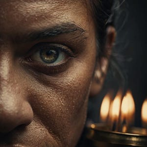 May include: Close-up of a person's eye with a green iris and dark brown eyebrows. The person's face is partially visible, with a hint of a nose and cheek. The background is blurred and out of focus, with a suggestion of warm light.