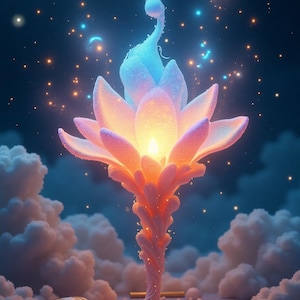Puede incluir: Una flor rosa y azul brillante con un tallo en espiral, rodeada de nubes blancas y luces brillantes sobre un fondo azul oscuro.
