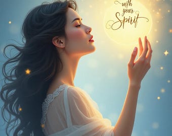 Puede incluir: Ilustración digital de una mujer con cabello largo y oscuro, vestida con un vestido blanco, extendiendo la mano hacia un orbe brillante. Las palabras "Connect with your Spirit" están escritas en oro. Fondo azul suave con estrellas doradas.