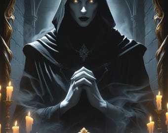 May include: A woman in a black hooded robe with glowing eyes, standing in a dark room with candles. The text "Submit to My Will" is written in a gold frame below her.