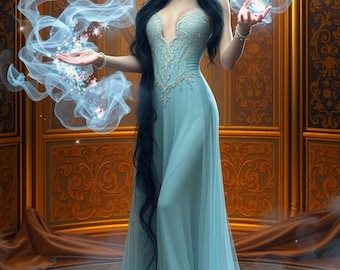 May include: A woman in a long, flowing light blue gown with a lace bodice stands in a room with ornate gold walls and a brown rug. She is holding a glowing orb in her right hand and a cloud of blue smoke surrounds her.