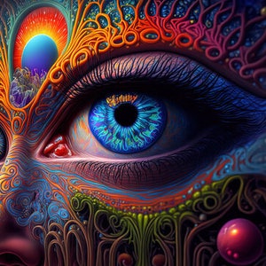 May include: A close-up of a colorful, abstract eye with intricate details. The eye is blue with a black pupil and surrounded by swirling patterns in shades of orange, red, blue, and green.