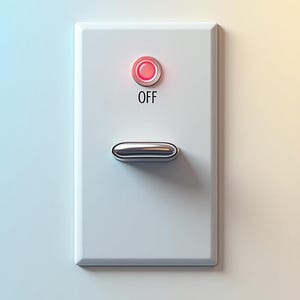 May include: A white light switch with a red illuminated circle above a chrome toggle. The word "OFF" is printed below the red circle. The switch is set to the off position.