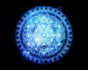 May include: A blue glowing circle with a complex geometric pattern and symbols around the edge. The symbols are a mix of letters and numbers.