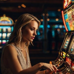 Könnte beinhalten: Eine Frau spielt in einem Casino an einem Spielautomaten. Sie trägt ein ärmelloses, helles Kleid. Der Spielautomat hat helle, farbenfrohe Lichter. Der Hintergrund ist dunkel, mit anderen Spielautomaten und sanfter Beleuchtung.