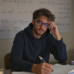 Puede incluir: Una persona con una sudadera con capucha azul marino y gafas, escribiendo en papel con un bolígrafo. Ecuaciones matemáticas están escritas en una pizarra en el fondo. La persona está sentada en un escritorio de madera.