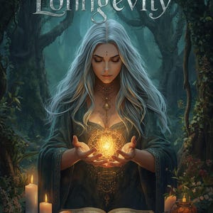 Pode incluir: Ilustração de uma mulher com longos cabelos prateados segurando um orbe brilhante. A imagem tem o texto "Spellwork Longevity" no topo. A cena é ambientada em uma floresta mística com velas e um livro aberto.