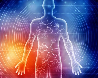 May include: A digital illustration of a human body with a blue and red background. The body is made up of a network of white lines and circles, resembling a molecular structure.