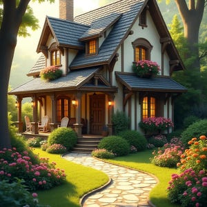May include: A charming cottage with a stone pathway leading to the front door. The house features a dark gray roof, cream-colored walls, and brown trim. Pink and orange flowers line the path and surround the house, creating a picturesque scene.