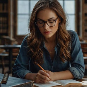 May include: A woman wearing glasses and a blue denim shirt sits at a table with open books and a pencil in her hand. She is writing in one of the books.