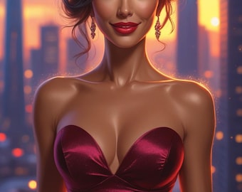 May include: A woman with dark hair and a warm smile wears a strapless, burgundy satin dress. She is standing in front of a city skyline at sunset.