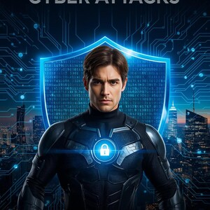 Puede incluir: Imagen de arte digital con el texto "PROTECTION FROM CYBER ATTACKS" sobre un hombre con un traje futurista. El hombre está frente a un escudo con código binario y un paisaje urbano de fondo.