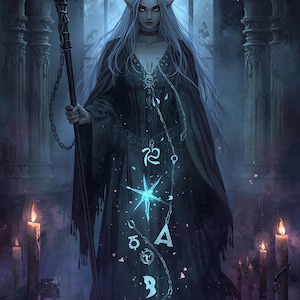 Può includere: Illustrazione digitale di un personaggio fantasy con lunghi capelli bianchi, orecchie a punta e occhi verdi, che indossa un abito nero e tiene in mano un bastone. L'immagine presenta un tema mistico e gotico con candele e simboli luminosi.