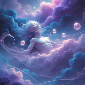 May include: A person with long white hair lies peacefully on a bed of clouds. The clouds are a mix of blue and purple, with a soft glow. The background is a dark blue sky with white stars and glowing orbs.