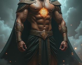 Puede incluir: Una figura musculosa con barba y ojos brillantes, vistiendo una capa verde oscuro y adornos dorados. Un colgante dorado cuelga del cuello. El fondo presenta un cielo nublado y chispas.